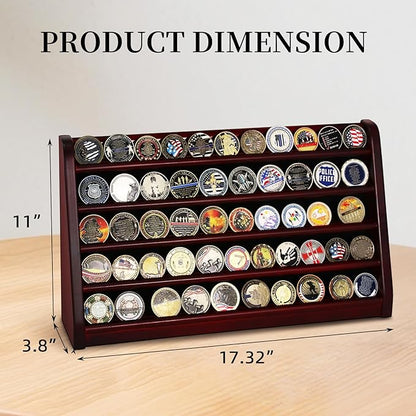 5 Rows Challenge Coin Holder Display Stand Holds 50 Coins for Wall Mount or Tabletop, Solid Wood Military Coin Rack Display Case for Army Collectibles, Mahogany