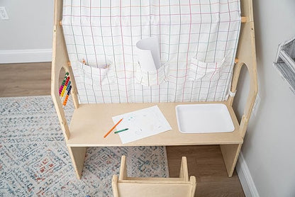 Avenlur Flair Montessori Style Wooden 5 in 1 Indoor Playhouse Play Tent with Desk Table, Chair, Chalkboard, Floor Cushion and Curtain Shades for Babies, Toddlers, Kids (Large, Windowpane)