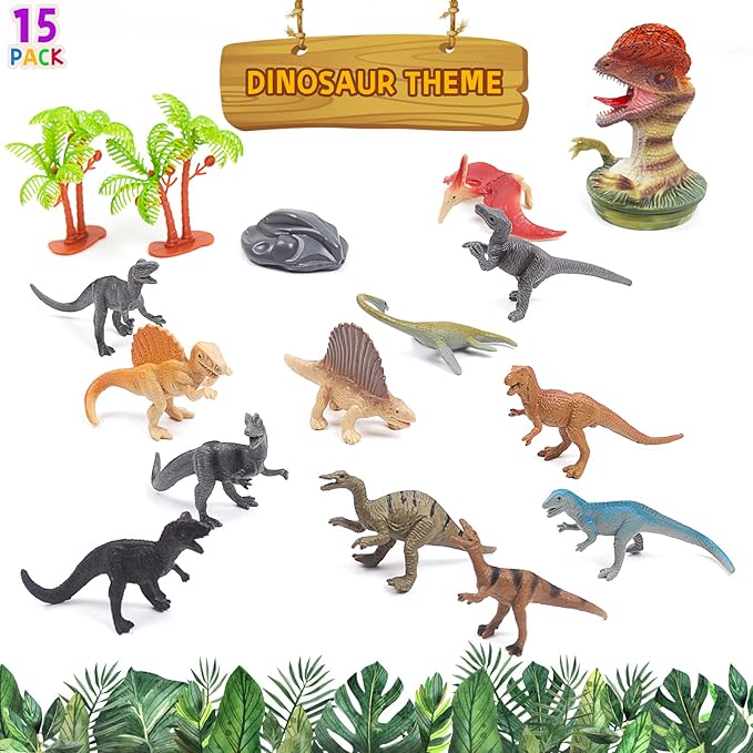 UNIQUE KIDS Mini Safari Dinosaurs Figure Creatures in Tube 15 pcs Set | Realistic Tiny Little Animals for Sensory Bin, Birthday Party Favor, Toddler 3-5 (Safair Dinosaurs)