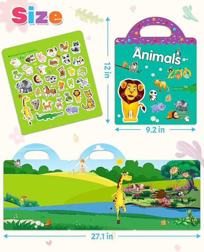 Benresive Reusable Sticker Book for Toddlers 2-4 Years, Fun Travel Stickers for Kids, Waterproof Sticker Books for Toddlers 1-3, Crafts Activities for Todddlers 1-3 2-4 3-5 - Animals Zoo