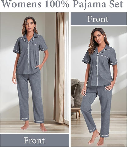 CF Womens 100% Cotton Pajamas Set Button Down Pjs Sets Short Sleeve Top & Long Pants Sleepwear Comfy Loungewear with Pockets