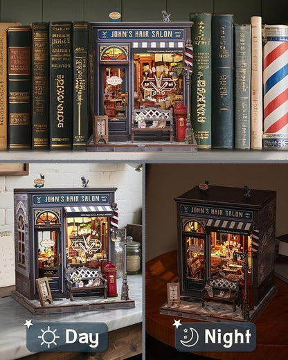 Book Nook Kit, DIY Miniature House Kits for Adult and Teens, Dollhouse Tiny Booknook Garden House Bookshelf, DIY Craft Gifts for Family and Friends (John's Hair Salon)