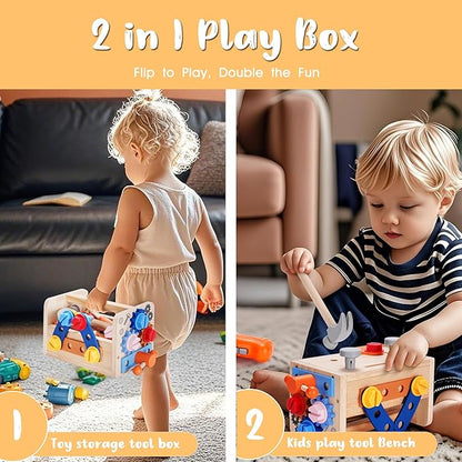 REXBETI Kids Tool Set, 43Pcs Wooden Toddler Tool Bench with Electric Drill, Apron and A Pack Stickers(50pcs), Montessori Construction Toddler Tool Set
