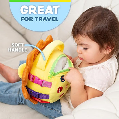 Buckle Toys Benny Lion Stuffed Animal Plush Montessori Toys for Toddlers 1-3 Sensory Toys to Develop Fine Motor Skills and Learn Shapes and Colors, Travel Essentials for Kids, Includes Storage Pocket