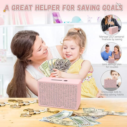 Wooden Cash Savings Box with Counter, Vault Bank for $10000 $5000 $3000 $1000 $800 $500 Target Money Challenge, Reusable Money Box with Dry Erase Pen/Savings Trackers/Rubber Band-Pink