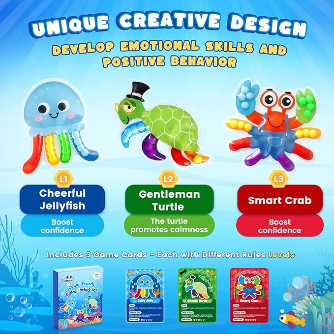 3 otters Color Sorting Sensory Toys, Sea Animals Fine Motor Matching Games Fidget Toys with 3 Game Cards for Toddlers Birthday Party Gift