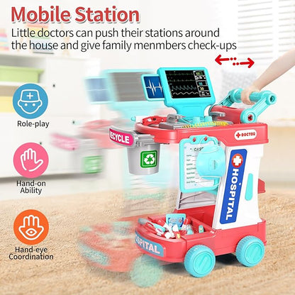 Doctor Kit for Kids, Pretend Doctor Playset for Toddlers with Cart, Costume and Stethoscope, Role Play Medical Toy for Girls Boys Toddlers 3-8 Birthday Gifts (Pink)