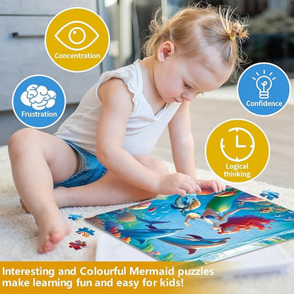 100 Piece Jigsaw Puzzle for Kids Age 4-8 Teens Gift Family Time Undersea Mermaid Princess Puzzles (Blue- Mermaid)