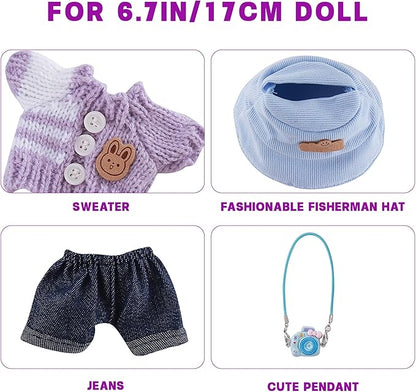 17cm Doll Clothes Set 4-Piece Outfits for Doll Purple Fashion Clothing for Plush Dolls Accessories with Purple Knit Sweater, Jeans, Mini Backpack Charm & Blue Bucket Hat