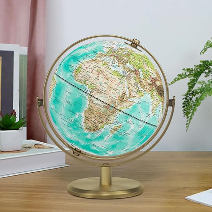 8'' World Globe with Gold Stand 720° Rotating, Kids Adults Student Geography Educational, Desk Globe Decorative Office Classroom, Unique Birthday Christmas Gifts (Elegant Turquoise)