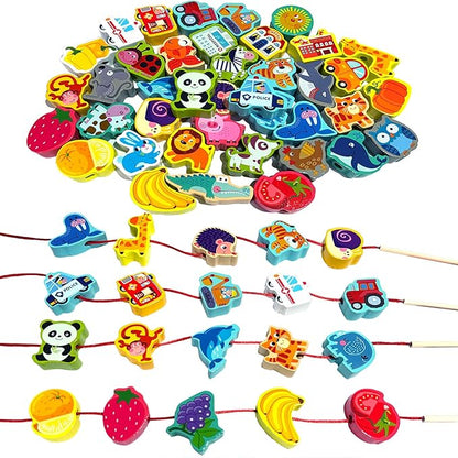 Montessori Wooden Lacing Beads for Kids,42 Pcs Preschool Activities String Car Animals Vegetables Beads Toys,Educational Threading Learning Beads Toys for Toddler 3 4 5 6 Year Old Boys Girls