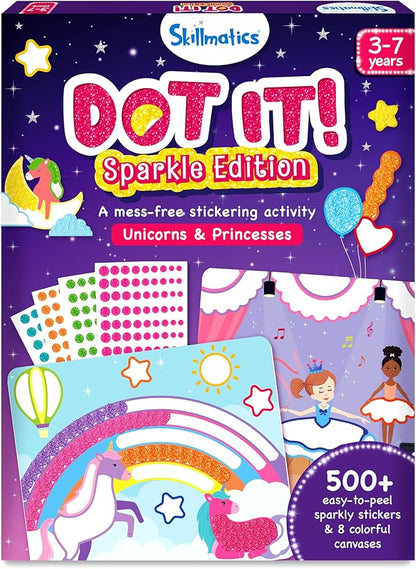 Skillmatics Dot It Art - Unicorns & Princesses, 500+ Sparkly Stickers, Mess-Free Fun for Kids, Stocking Stuffers, DIY Scrapbooking Craft Kits, Travel Toys, Christmas Gifts for Ages 3, 4, 5, 6, 7