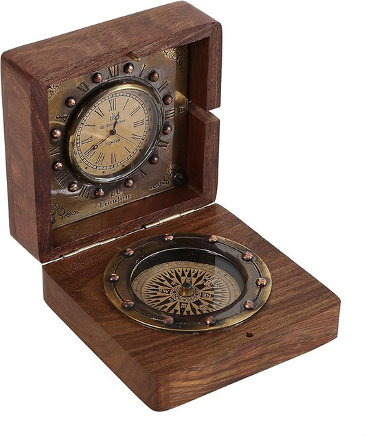 Handmade Brass Sundial Compass with Rosewood Box - Authentic Vintage Maritime & Nautical Decor, Collectible Gift for Him or Her