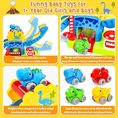 YGJT Toddler Toys for 1-3 Year Old Boys and Girls, Dinosaur Slide with 4 Dino Cars Montessori Toys Set for Baby 12-18 Months, Educational First Birthday Gifts Learning Push Track for Children Ages 1-3