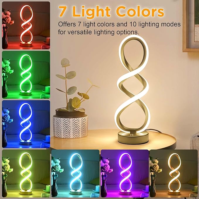 Modern Table Lamp, 7 Colors 10 Light Modes Spiral Design Table Lamp, Touch Dimmable Nightstand Lamp, Unique Bedside Lamp for Living Room, Bedroom, Cool Lamps, Gold, 2 Pack