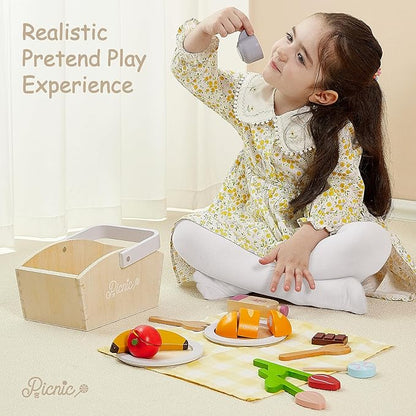 Wooden Picnic Basket Play Food Set – 21 PCS Pretend Kids Kitchen Toy with Blanket, Cutting Fruit & Dual Place Settings – Imaginative Outdoor Role-Play Gift for Toddlers Ages 3+