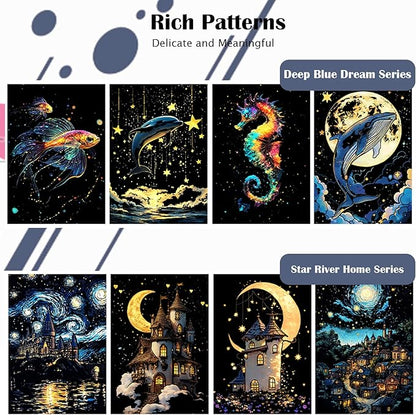 Scratchboard Art for Adult Luminous Scratch Painting Kits, A5 Scratch Art Rainbow Painting Paper 8 Sheet with 4 Tools, Scratchboard for Teens & Adults, Fun Creative Craft Toy/Gifts/Decor, Dreams