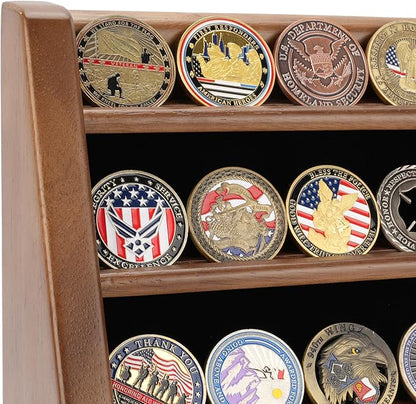 4 Rows Military Challenge Coin Holder Display Holds 32 Coins, Solid Wood Army Coin Rack Display Case Stand for Wall Mount or Tabletop, Walnut