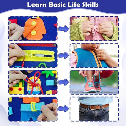 MAJAVI Busy Book for Toddlers 1-3, Montessori Toys Busy Board for 1 2 3 4 Year Old Boy Girl Birthday Gift - 5 in 1 Quiet Activity Book with Life Skills, Cognition, Sorting, Matching, Blue
