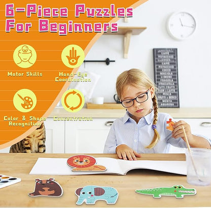 FLYINGSEEDS 6 Packs Wooden Jigsaw Puzzles for Toddlers, Wildlife Animals Shaped Puzzles for Beginners Ages 1-3, Montessori Learning Toys Preschool Educational Activity for Kids Ages 2-5