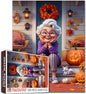 Cheerful Grandma on Porch with Autumn Pumpkins 1000 Piece Jigsaw Puzzle for Adults Students 20×27 Inches Fall Jigsaw with Smiling Elderly Woman Halloween Decor Colorful Leaves Gift for Puzzle Lovers