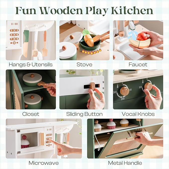 ROBOTIME Play Kitchen with Toy Fridge, Toy Oven, Wooden Kids Kitchen Play Set, Toy Kitchen Set for Kids Age 3 4 5 6 7 (Vintage Green)