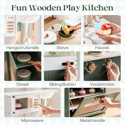 ROBOTIME Play Kitchen with Toy Fridge, Toy Oven, Wooden Kids Kitchen Play Set, Toy Kitchen Set for Kids Age 3 4 5 6 7 (Vintage Green)