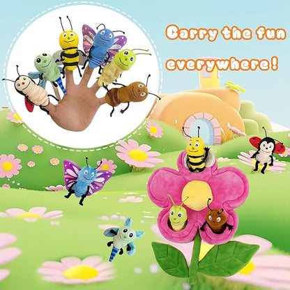 6pcs Insect Finger Puppets Bringing a Flowers House, Novelty Animals Toys Puppet for Kids, Storytelling Role-Playing Plush Finger Puppets Gifts for Boys and Girls