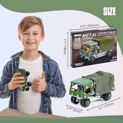 Military Truck STEM Building Toy Set for Boys Age 8-12 - Metal Army Toys Model Car Kits - Engineering Projects for Kids 6-10 - Vehicles