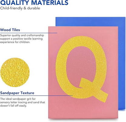 Montessori Sandpaper Letters | Lowercase and Uppercase | PP Wood Tiles | Vowel Consonant Color Coded | Includes Storage Box