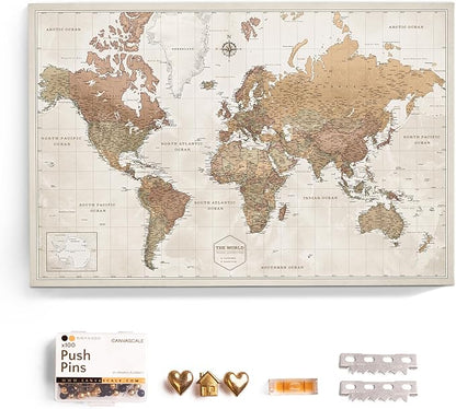 Canvas World Map with Cork Pin Board - English Lettering - Decorative Wall Decoration for All Rooms - Canvas Pictures with World Map Motif (90x60 cm, Pattern 16)