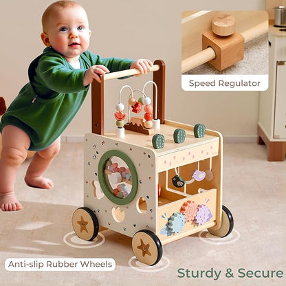 PairPear Wooden Baby Walker,6 in 1 Dinosaur Play Walker Adjustable Speed Push Cart with Brake & Shape Sorter,Natural Solid Wood Activity Center Toy for Toddlers 12M+