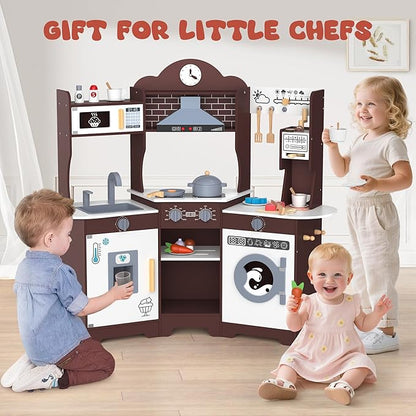 ANPABO Play Kitchen for Kids, Wooden Kids Kitchen Playset for Toddlers with Lights & Sounds, Pretend Play Toys with Coffee & Ice Maker, 30Pcs Toy Kitchen Accessories Gift for Boy&Girl (Espresso)
