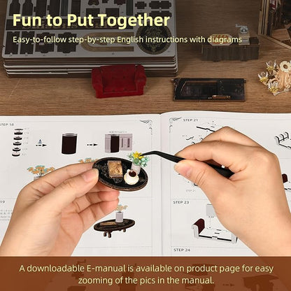 Book Nook Kit, DIY Miniature Dollhouse Booknook Kit, 3D Wooden Puzzle Bookend Bookshelf with LED Light for Adults Teens (Saison Café)