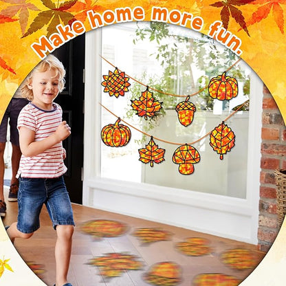 32 Sets Fall Thanksgiving Suncatchers Craft Kit DIY Window Stained Glass Effect Autumn Harvest Paper Crafts Home School Classroom Decoration Kid Birthday Gift Creative Art Project Activity Game