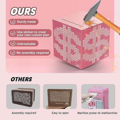 Primo Lines Piggy Bank for Adults Must Break to Open, with Savings Counter & Goal Tracker, Unbreakable Stainless Steel Money Box for 10K Challenge $3000 $5000, Kakeibo (4.72 Inch)