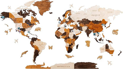 HYPERI Multilayered 3D Wooden World Map Wall Decor, Wood Art Wall Decor, Mapa Mundi Para Pared, World Maps and Push Pins, Valentine's Day Gifts For Dad, Mom, Boss, Husband, Wife (Large)