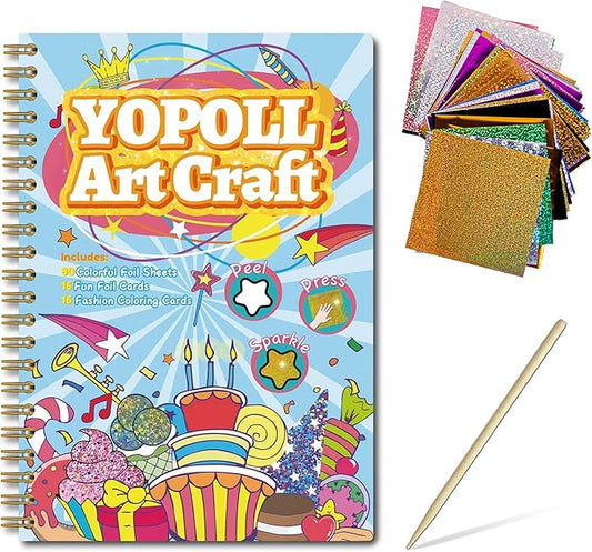 Fun & Mess-Free Foil Art Kit for Kids – 80 Foil Sheets & 32 Art Cards, No Glue Needed, Creative Craft Gift for Christmas Halloween Holiday Birthday（Birthday Version）