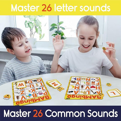 THE BAMBINO TREE Alphabet and Phonics Bingo - ABC Learning Letter Recognition and CVC Words with Pictures - Phonics Games for Kids Ages 3-7 yrs Preschool Kindergarten