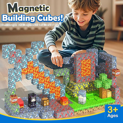 Magnetic Blocks - Build Mine Magnet World Forest Mine Set Magnet Building Blocks Kids Toys for 3+ Year Old Boys & Girls 1'' Magnetic Cubes STEM Sensory Building Toys Kids Game Xmas Gifts
