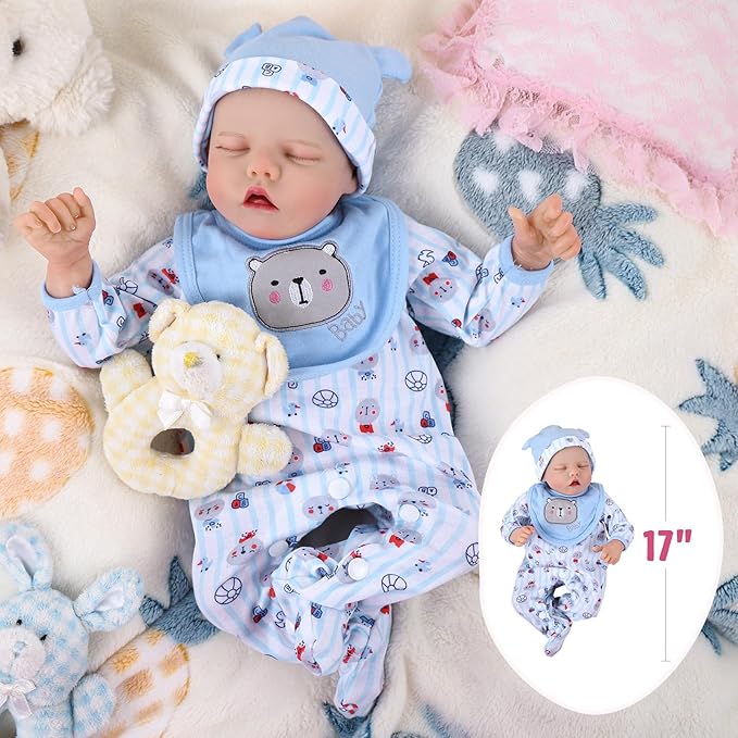 JIZHI Lifelike Reborn Baby Dolls - 17-Inch Realistic Newborn Baby Doll Full Vinyl Body, Poseable, Girl with Feeding Kit, Gift Box for Ages 3+