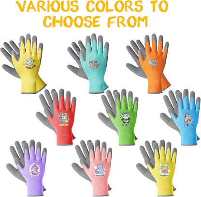 COOLJOB 3 Pairs Kids Gardening Gloves for Age 9-12, Children Toddler Girls Grippy Rubber Coated Work Gloves, Purple & Pink & Yellow (Little Beauty, Large L)