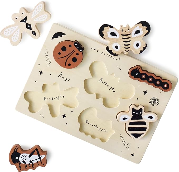 Wee Gallery Wooden Tray Puzzle Bugs, Montessori Toy for Toddlers and Preschoolers for Early Learning and Fine Motor Skill Development, Sustainable Educational Puzzle for Kids