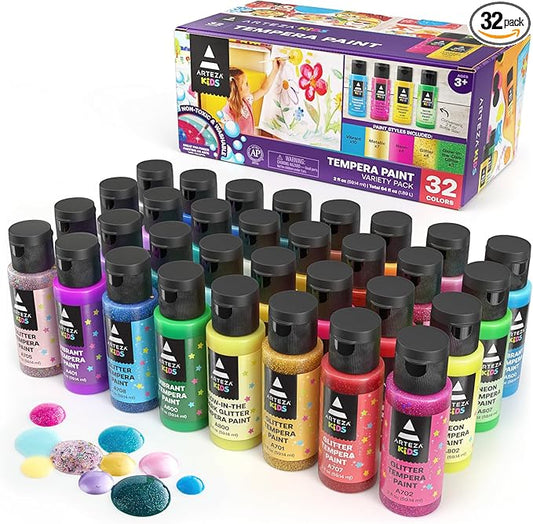 ARTEZA 32 Tempera Paint, 2.03oz/60ml Bottles, Washable Tempera Paint for Kids, Includes Neon, Glitter & Glow-in-The-Dark