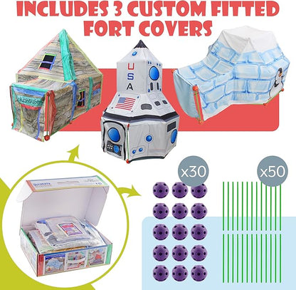 Attatoy Ultimate Play Fort Kit (83-Piece Set), Stick and Ball Fort Building Kit w/ 3 Play Tent Covers