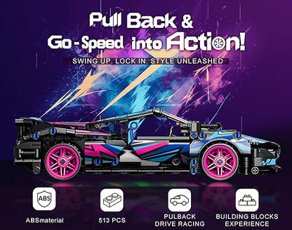 Sosuy Building-Block Race-Car Set, 1:18 Technical Model Kit 513 Pcs DIY Pull-Back Cyberpunk Toy for Boy Girl Kid Age 6+ Year, Birthday Gift for Teen Adult Display, Speed Super Sports Cars Bricks Icons