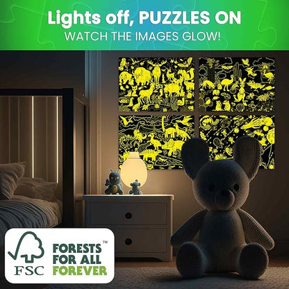 QUOKKA 4x100 Piece Puzzles for Kids Ages 6-8 – Glow-in-The-Dark Puzzles for Kids 8-10 – Space, Dinosaurs, Animals – Fun Educational Puzzle for Boys & Girls – Learning Games & Space Toys Gift for Kid