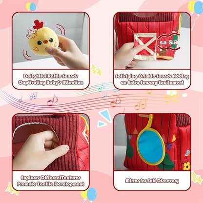 Baby Montessori Toys 6-12 Months, Busy Sensory Toys for Toddlers 1-3, Plush Big Red Barn with Stuffed Farm Animals, Rattle, Crinkle,Christmas Easter Birthday Gifts for Baby Boys Girls