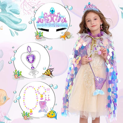 Princess Dress Up Toys Princess Dress Up Clothes Rainbow Mermaid Cape Kit 9 Pcs Gift Set for Little Girls 3-8 Years