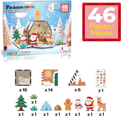 PicassoTiles Magnetic Tiles Gingerbread House Holiday Character Action Figures Santa, Snowman, Deer Winter Theme Construction Kit Magnet Building Blocks STEM Learning Gifts Toddler Toys Ages 3+ PTQ09